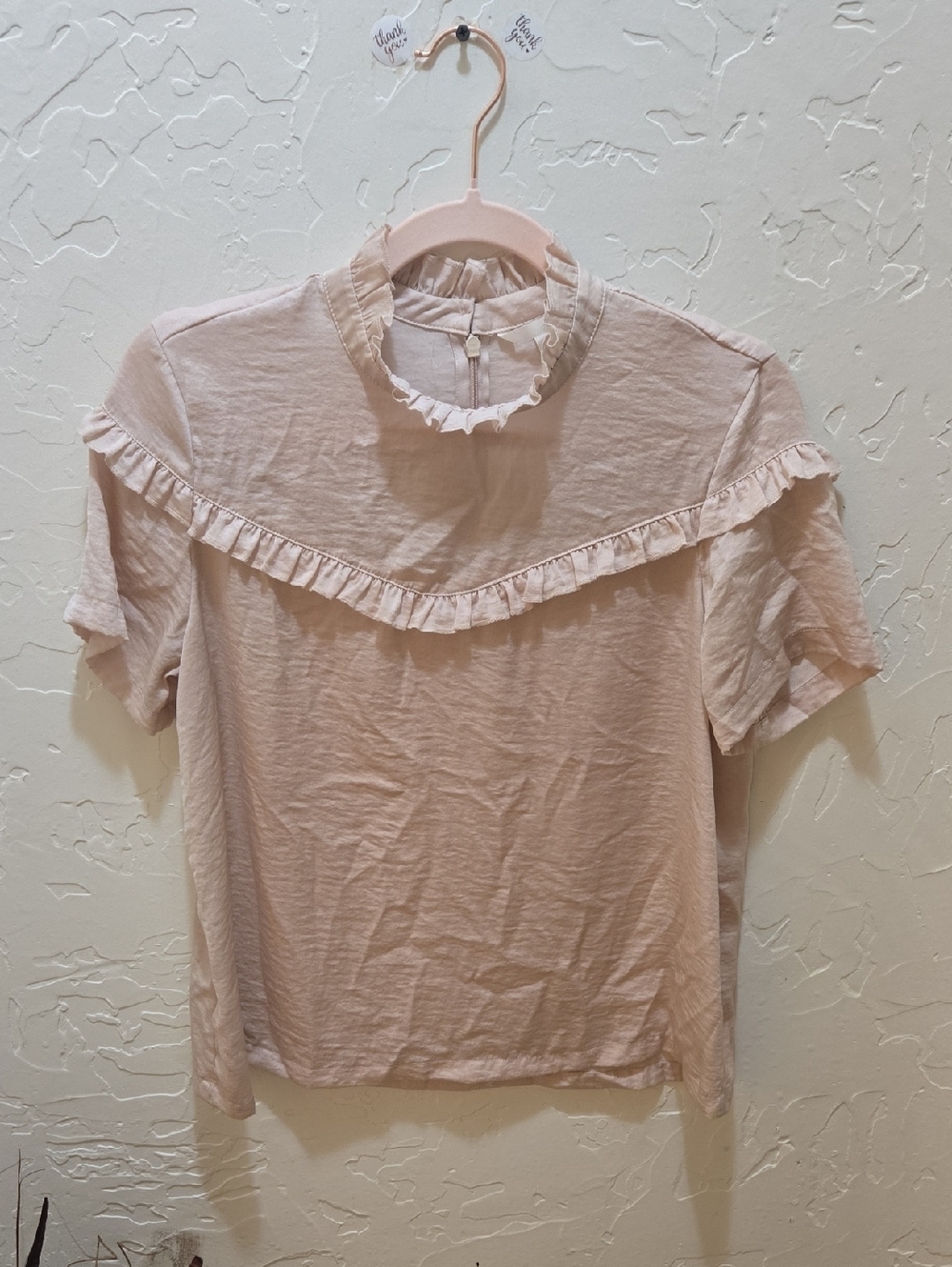 H&M Pale Pink Ruffled High-Neck Short Sleeve Blouse